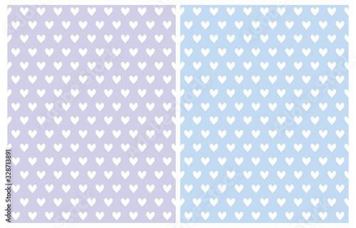 Cute Hand Drawn Heart Seamless Vector Pattern. White Tiny Hearts Isolated on a Light Blue and Violet Background. Funny Infantile Style Romantic Print for Fabric, Textile, Valentine's Day Decoration.