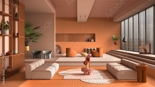 Colored contemporary living room, pastel orange colors, sofa, armchair, carpet, tables, steps and potted plants, copper pendant lamps. Interior design atmosphere, architecture idea © ArchiVIZ