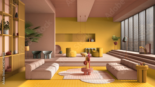 Colored contemporary living room, pastel yellow colors, sofa, armchair, carpet, tables, steps and potted plants, copper pendant lamps. Interior design atmosphere, architecture idea
