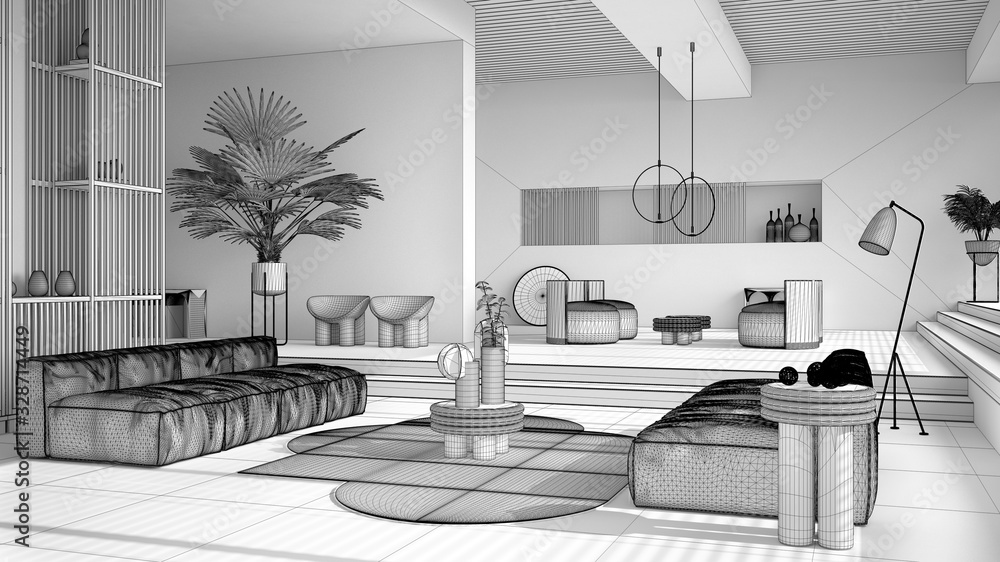 Unfinished white project draft, contemporary living room, sofa, armchair, carpet, tables, steps and potted plants, pendant lamps. Interior design atmosphere, architecture idea