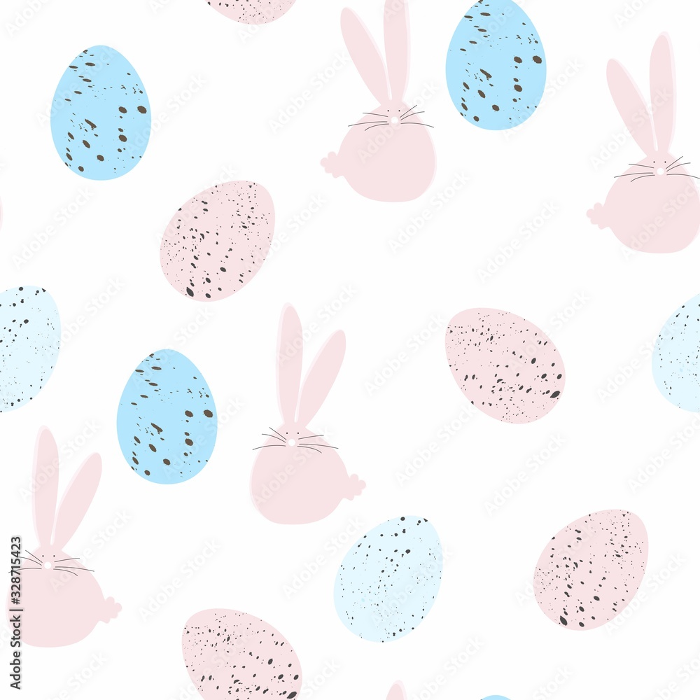 Lovely Easter rabbits and eggs. Cute childish seamless pattern in cartoon style. Can be used for wallpapers, pattern fills, web page backgrounds, surface textures. White backdrop.