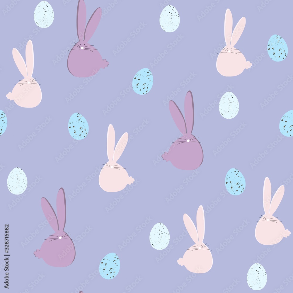 Lovely Easter rabbits and eggs. Cute childish seamless pattern in cartoon style. Can be used for wallpapers, pattern fills, web page backgrounds, surface textures. Violet backdrop.
