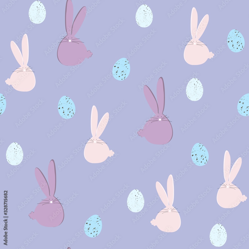 Lovely Easter rabbits and eggs. Cute childish seamless pattern in cartoon style. Can be used for wallpapers, pattern fills, web page backgrounds, surface textures. Violet backdrop. Lovely Easter rabbits and eggs. Cute childish seamless pattern in cartoon style. Can be used for wallpapers, pattern fills, web page backgrounds, surface textures. Violet backdrop.