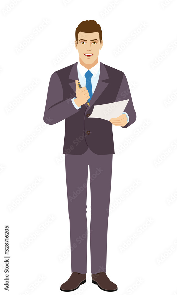 Smiling Businessman holding a pen and paper, pushing a button of a ballpoint pen and wants to write on paper. Full length portrait of Businessman in a flat style. Smiling Businessman holding a pen and paper, pushing a button of a ballpoint pen and wants to write on paper. Full length portrait of Businessman in a flat style.