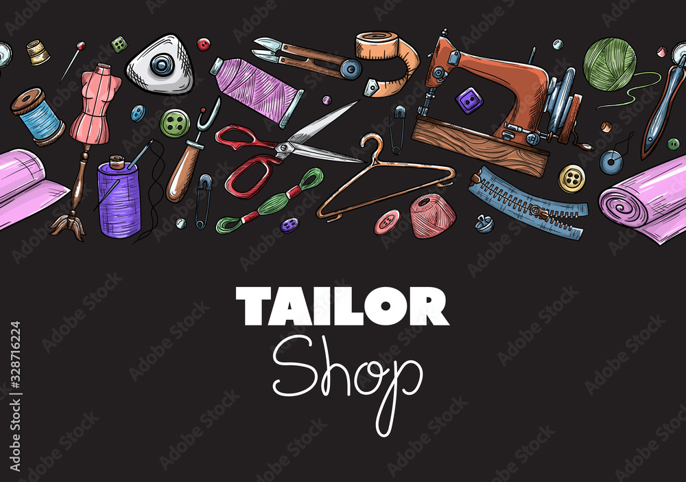 Tailor or dressmaker work and fashion designer atelier sketch items ...