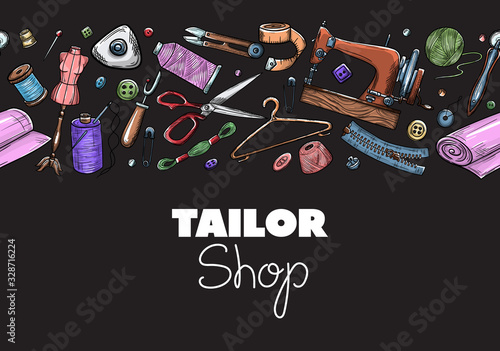 Tailor or dressmaker work and fashion designer atelier sketch items. Vector sewing illustration in retro vintage style on blackboard.