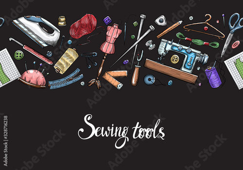 Tailor or dressmaker work and fashion designer atelier sketch items. Vector sewing illustration in retro vintage style on blackboard.