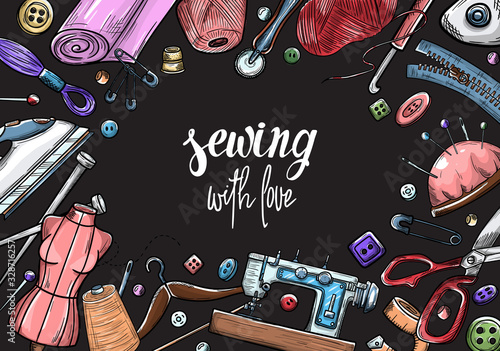 Tailor or dressmaker work and fashion designer atelier sketch items. Vector sewing illustration in retro vintage style on blackboard.