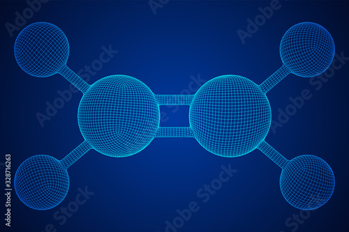 Ethylene ethene molecule. Used in production of polyethylene. Plant hormone. Wireframe low poly mesh vector illustration.