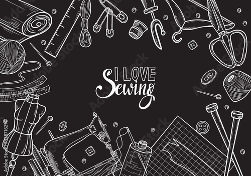 Tailor or dressmaker work and fashion designer atelier sketch items. Vector sewing illustration in retro vintage style on blackboard.