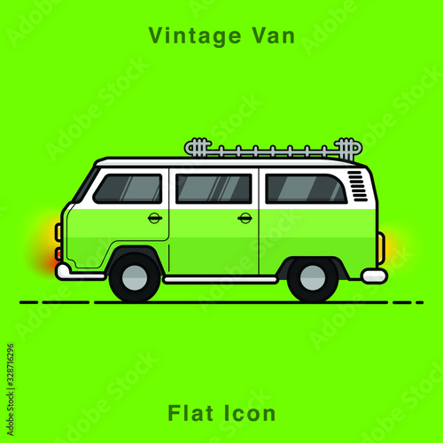 Old style two colors minivan. Front view of red retro hippie bus. Line style vector illustration. Vehicle and transport banner. Retro style old car from 60s or 70s. Vintage Classic Van flat icon.