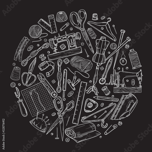 Tailor or dressmaker work and fashion designer atelier sketch items. Vector sewing illustration in retro vintage style on blackboard.