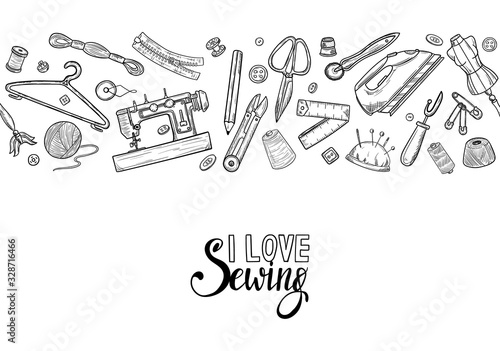 Tailor or dressmaker work and fashion designer atelier sketch items. Vector sewing illustration in retro vintage style