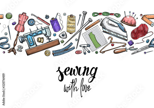 Tailor or dressmaker work and fashion designer atelier sketch items. Vector sewing illustration in retro vintage style