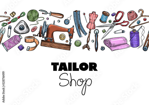 Tailor or dressmaker work and fashion designer atelier sketch items. Vector sewing illustration in retro vintage style