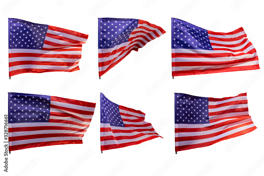 A set of American flags developing in the wind, isolated on a white background. A set of American flags developing in the wind, isolated on a white background.