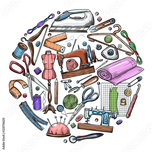 Tailor or dressmaker work and fashion designer atelier sketch items. Vector sewing illustration in retro vintage style