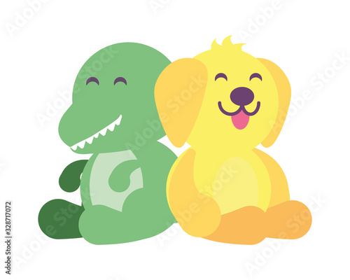 dinosaur and dog on white background, baby toys