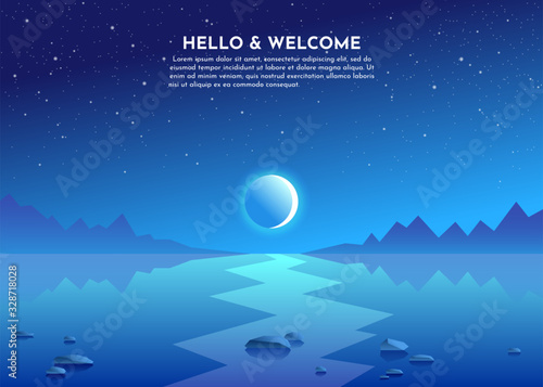 Lunar path. Moon over the mountains. Night on the lake, swamp, sea, ocean. Stones lie in the water. Realistic vector beach. Fog over water. Abstract landscape nature. Minimalistic simple illustration
