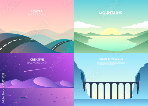 Vector landscapes in a minimalist style. Set of four backgrounds. Road over the mountains, lake, sunset, night, bridge, tunnel in the rock over the river. Website template. UI design
