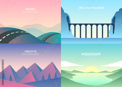 Vector landscapes in a minimalist style. Set of 4 backgrounds. Road over the mountains, lake, sunset, night, bridge, tunnel in the rock over the river. Website template. UI design