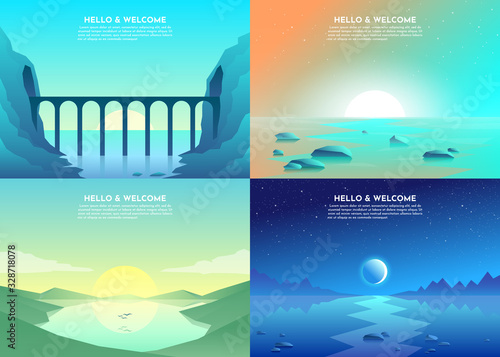 Vector banners set with polygonal landscape illustration - flat design. Minimalist style. Road over the mountains, lake, sunset, night, bridge, tunnel in mountains. 