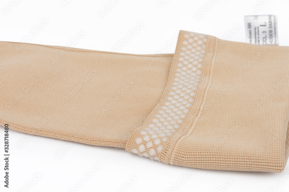 Close up of flat knit Graduated Compression Garments for leg lymphedema,  edema and lipedema - powerful compression stocking for greater edema  containment Stock Photo