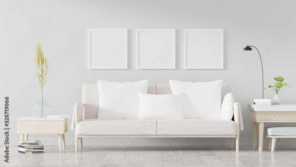 Square poster mockup with Three frames on empty white wall in living room interior, Living room, 3D Rendering Square poster mockup with Three frames on empty white wall in living room interior, Living room, 3D Rendering