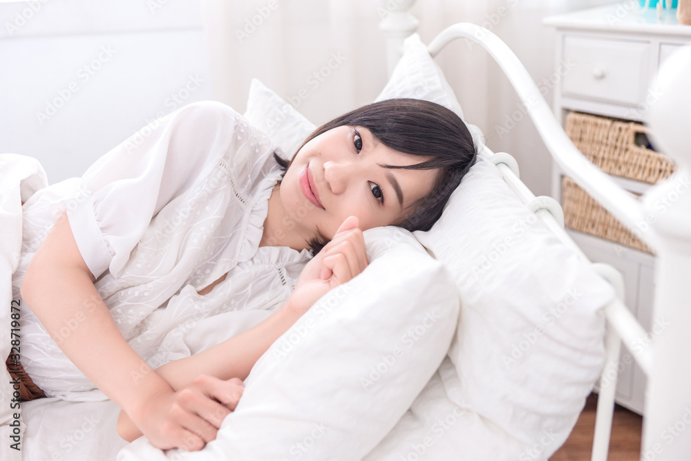 Portrait of beautiful asian young woman sleep lying in bed with head on pillow comfortable and happy with leisure, girl with relax for health and lifestyle concept. Portrait of beautiful asian young woman sleep lying in bed with head on pillow comfortable and happy with leisure, girl with relax for health and lifestyle concept.
