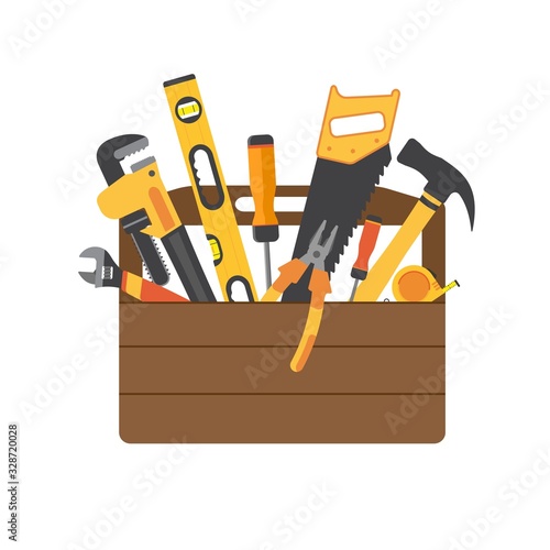 Toolbox with instruments inside. Workman's toolkit. Tool chest with hand tools. Workbox in flat style. Vector illustration