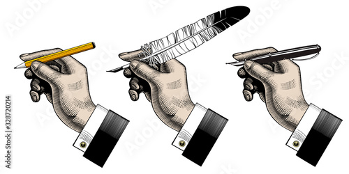 Hands with a pencil, a feather pen, a pen.
