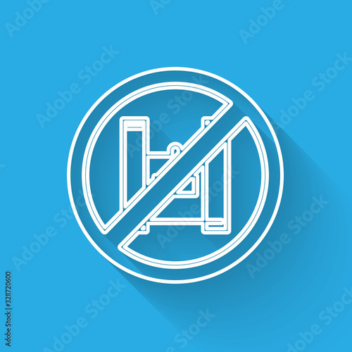 White line Say no to plastic bags poster icon isolated with long shadow. Disposable cellophane and polythene package prohibition sign. Vector Illustration