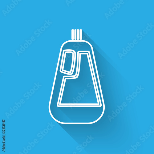 White line Plastic bottle for liquid laundry detergent, bleach, dishwashing liquid icon isolated with long shadow. Vector Illustration
