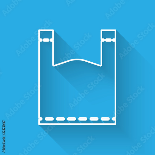 White line Plastic bag icon isolated with long shadow. Disposable cellophane and polythene package prohibition sign. Vector Illustration