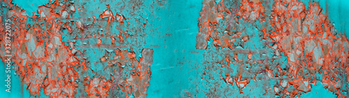 turquoise abstract rusty painted exfoliated metal texture background panoramabanner photo