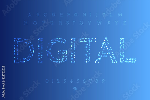 Vector illustration. Shine lights concept. Minimalist vector font without lines. Glowing letters and numbers for design advertisement, sale banners, discount cards. Technology and futuristic style