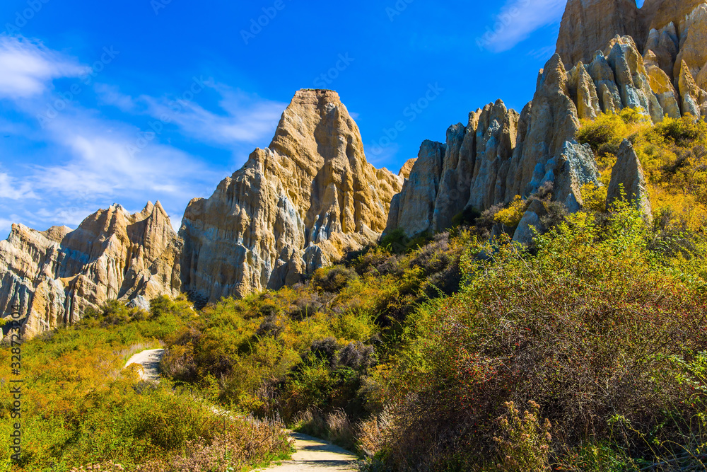 Dirt path passes around cliffs