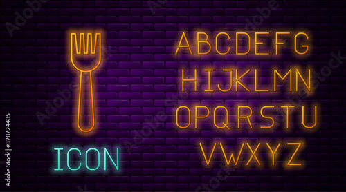 Glowing neon line Disposable plastic fork icon isolated on brick wall background. Neon light alphabet. Vector Illustration