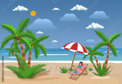 Woman in swimsuit sunbathing lying on lounger at sea or ocean beach. Beautiful girl drinking coconut cocktail relaxing under palm tree. Summer holiday or luxury vacation. Flat vector illustration.