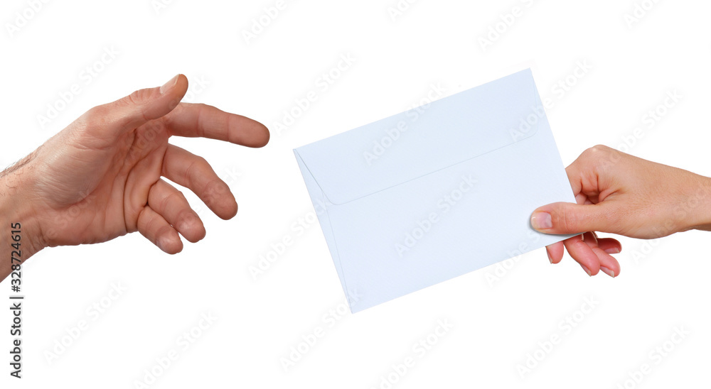 Giving the white paper to a hand Giving the white paper to a hand