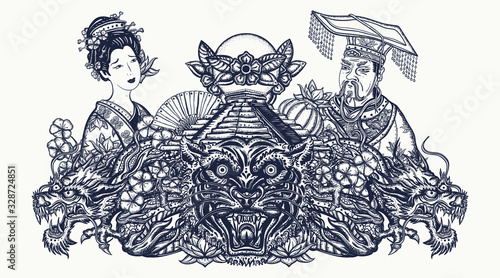 Dragons, tiger head, emperor, queen in traditional costume, fan, lantern and lotus flower. Ancient China and Japan. Asian oriental art. Tattoo and t-shirt design