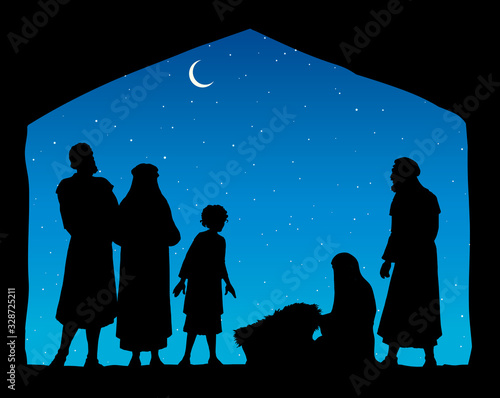 The shepherds came to bow to the newborn baby Jesus. Vector drawing