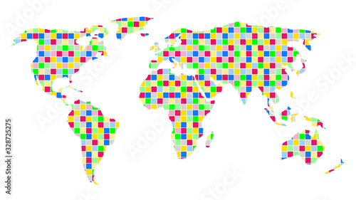 Multicolored squares world map. Multicolored checkered world map. Large size. 