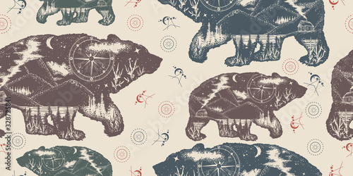 Bear double exposure. Seamless pattern. Packing old paper, scrapbooking style. Vintage background. Medieval manuscript, engraving art. Tourism symbol, adventure, great outdoor. Grizzly silhouette