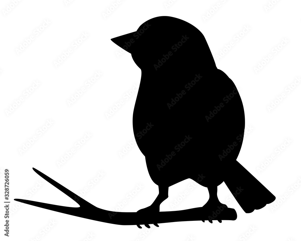 Obraz premium Little beautiful bird - vector silhouette for logo or pictogram. Sparrow sitting on a branch - icon. Bird on a branch black silhouette.