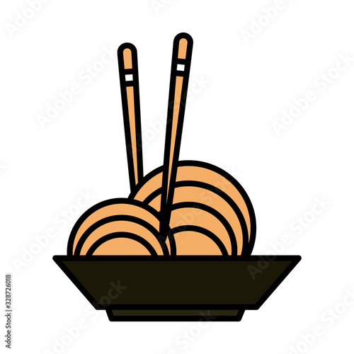 Fotografiet sushi oriental menu noodles in bowl with sticks line and fill style icon