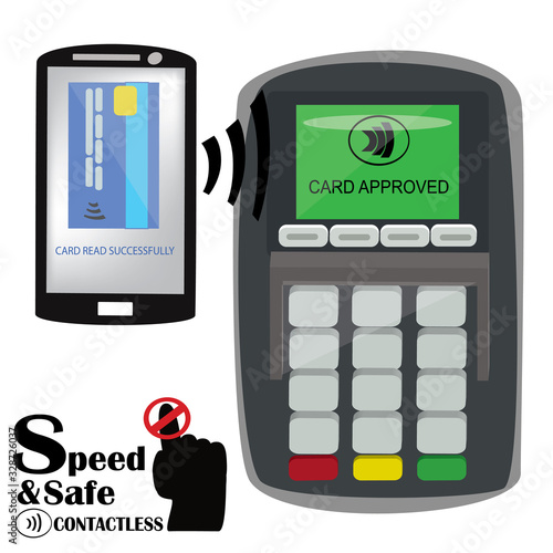 Graphic of machine accepting card as payment, contactless machine 