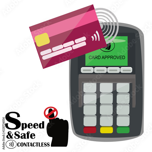 Graphic of machine accepting card as payment, contactless machine 
