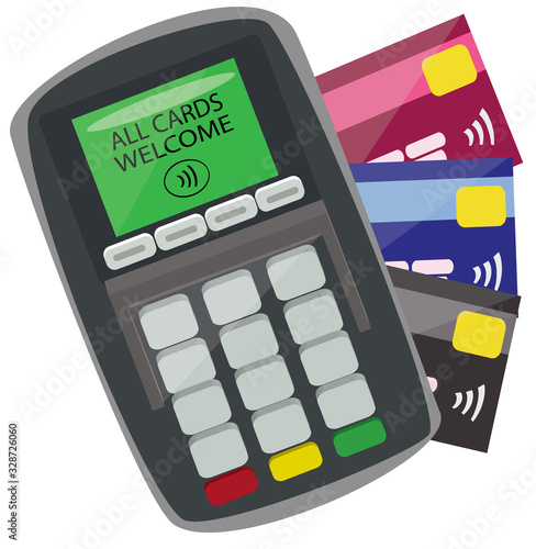 Graphic of machine accepting card as payment, contactless machine 