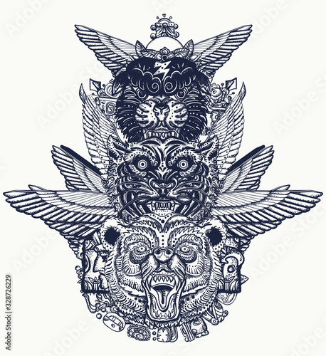 Ancient totem tattoo and t-shirt design. Golden wings, black panther, tiger and grizzly bear head. Mexican mesoamerican monolith. Mayan and Aztec style. Wild animals art